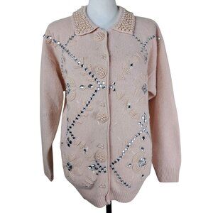VTG Shannan Embellished Pink Cardigan Sweater Sz M Angora Blend Pearl Grannycore